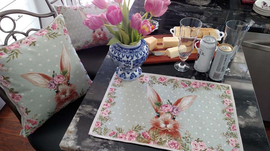 Easter bunny placemat and pillow set for holiday table decor